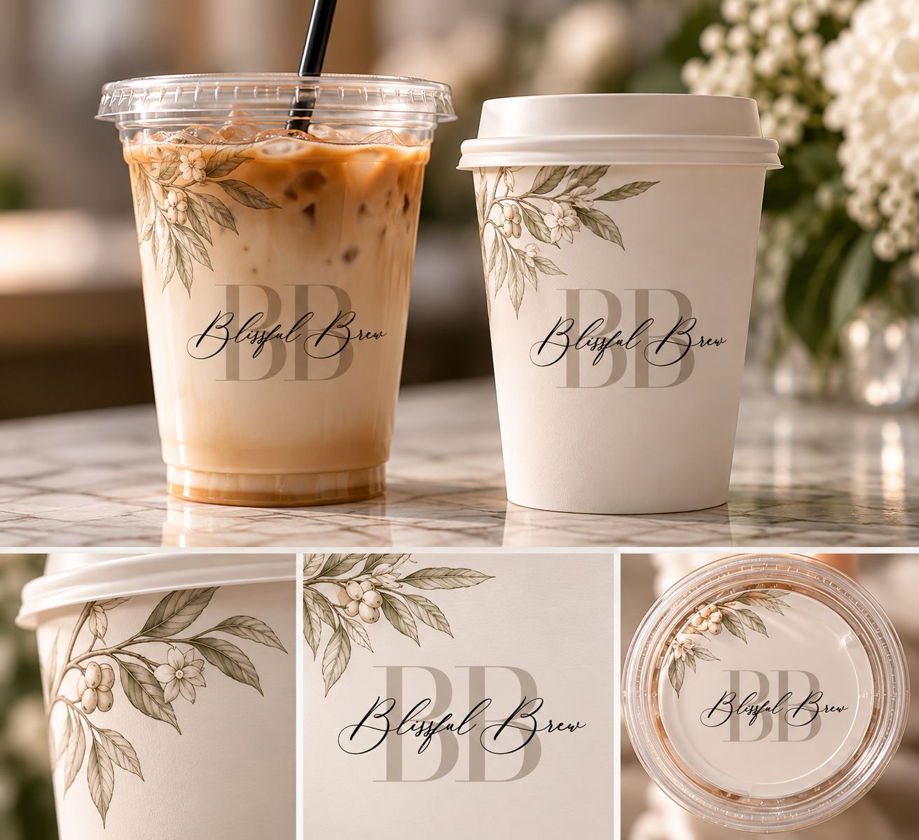 Blissful Brew branded hot and iced cups