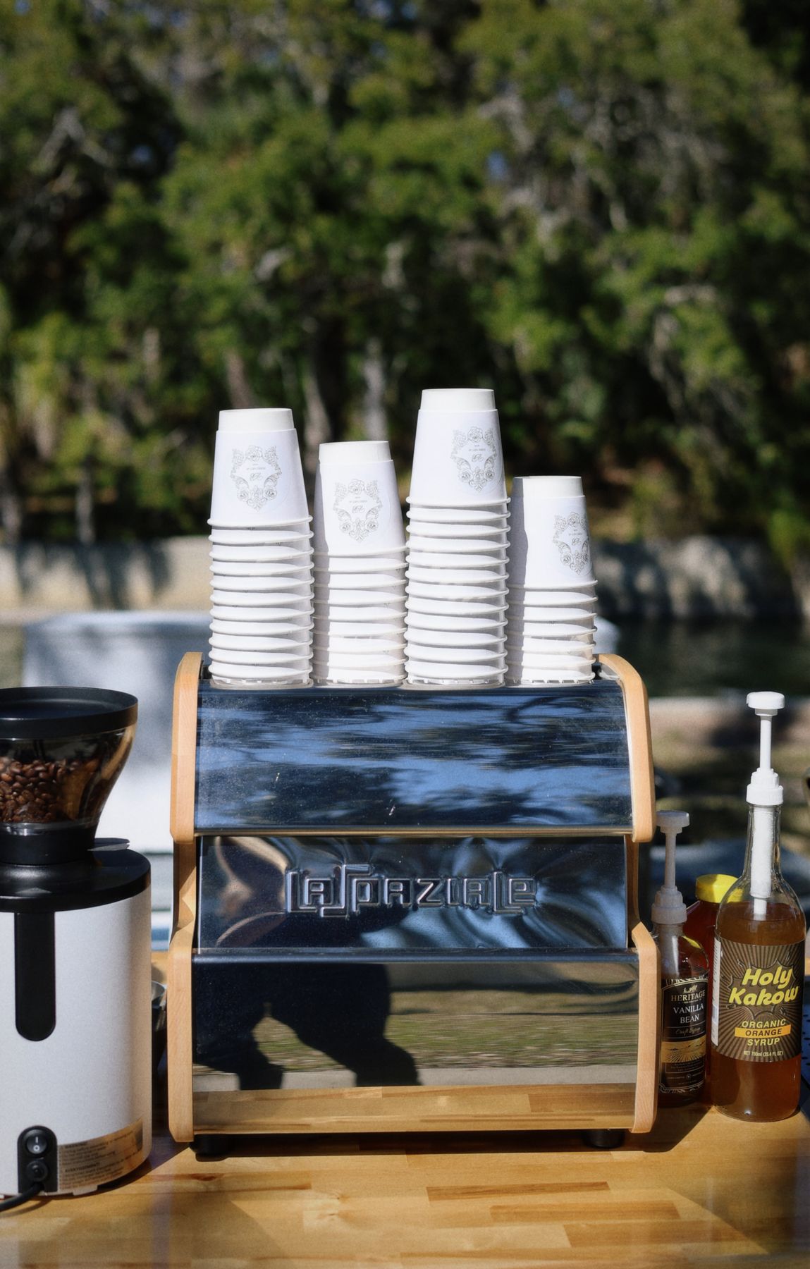 Espresso machine and grinder on the coffee cart